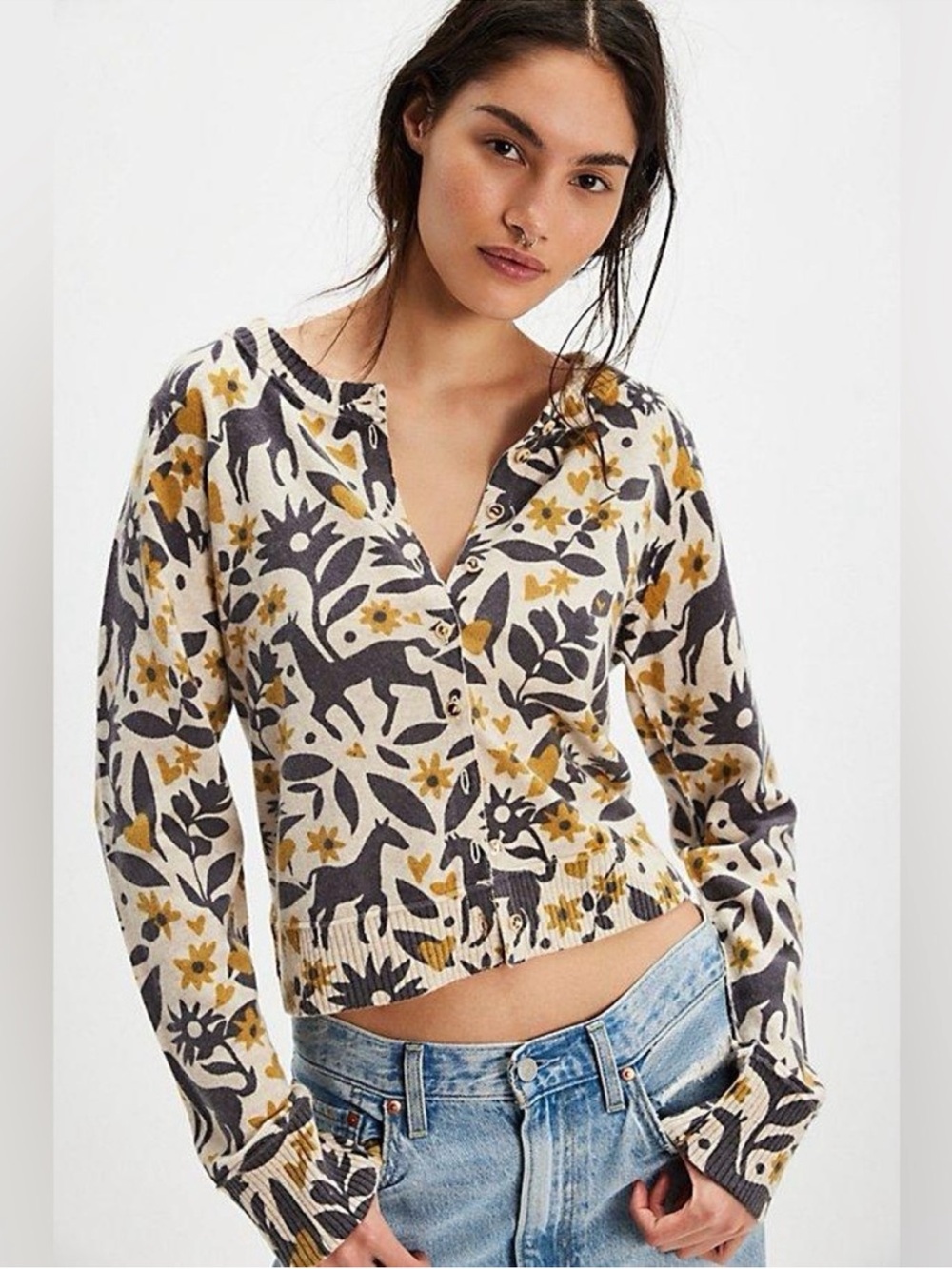 Free People Nocturnal Horse Pattern Cashmere Blend Cardi